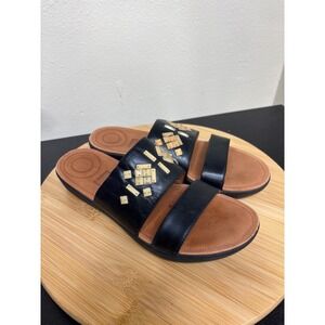 Fitflop Delta Black Leather Embellished Slide‎ Sandals Comfort Casual Shoes